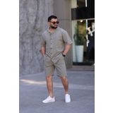 MYRAB DENİM Çağla Yeşili Renk Gömlek Şort Erkek Keten Takım Oversize Kalıp XL