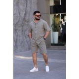 MYRAB DENİM Çağla Yeşili Renk Gömlek Şort Erkek Keten Takım Oversize Kalıp