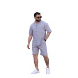MYRAB DENİM Gri Renk Gömlek Şort Erkek Keten Takım Oversize Kalıp 2XL