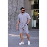 MYRAB DENİM Gri Renk Gömlek Şort Erkek Keten Takım Oversize Kalıp L