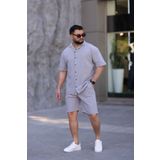 MYRAB DENİM Gri Renk Gömlek Şort Erkek Keten Takım Oversize Kalıp