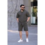 Myrab Denim Koyu Haki Renk Gömlek Şort Erkek Keten Takım Oversize Kalıp - Yeşil - 2XL