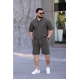 MYRAB DENİM Koyu Haki Renk Gömlek Şort Erkek Keten Takım Oversize Kalıp