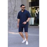 MYRAB DENİM Lacivert Renk Gömlek Şort Erkek Keten Takım Oversize Kalıp 2XL
