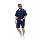 MYRAB DENİM Lacivert Renk Gömlek Şort Erkek Keten Takım Oversize Kalıp M