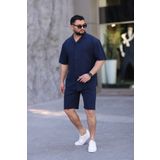 MYRAB DENİM Lacivert Renk Gömlek Şort Erkek Keten Takım Oversize Kalıp