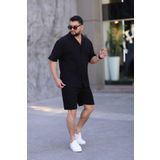 MYRAB DENİM Siyah Renk Gömlek Şort Erkek Keten Takım Oversize Kalıp L