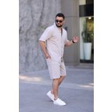 MYRAB DENİM Taş Renk Gömlek Şort Erkek Keten Takım Oversize Kalıp L