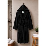MySoft Home Bornoz Kadife Kapüşonlu %100 Pamuk Kumaş Ultra Yumuşak Dokulu - Siyah - L - XL