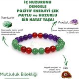 Mystic Energy Doğal Taş Mutluluk Bilekliği 19 cm Akik Ametist Aventurin İç Huzur Pozitif Enerji - Yeşil