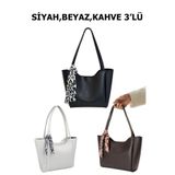 MYSTOBAG Siyah,Beyaz,Kahve 3'lü Paket Suni Deri Omuz & El Çantası