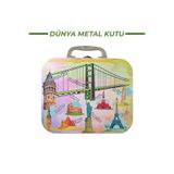 mystylee Dünya Metal Kutu | Kulplu Saklama Kutusu, Harita Desenli Metal Organizer 20,5x17x6,5 cm