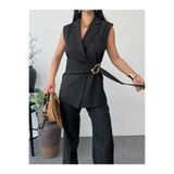 MYSUİT KADIN BLAZER YELEK VE PANTOLON TAKIMI - KUMAŞ KEMERLİ
