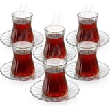 Mythriva Deconox 12 Parça Çay Seti - 6 Adet Fitil Desenli Cam Çay Bardağı ve 6 Adet Cam Çay Tabağı - Isıya Dayanıklı Çay Takımı - 00-Siyah - Beyaz