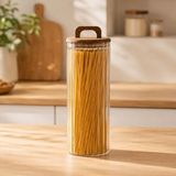 Mythriva Poomy Akasya Kapaklı Cam Kavanoz 1550 Ml, Şeffaf Çizgili Cam Saklama Kavanozu, Ahşap Kulplu Kapaklı Mutfak Düzenleyici, Makarna Spagetti Bakliyat Kahve Kuruyemiş Kuru Gıda Saklama Kabı - 001-Renkli - 1 Adet - 0,21 L