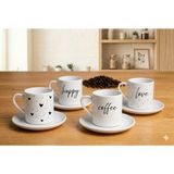Myworlorganization 4'lü Kahve Fincan Takımı - Love, Kalp, Coffee, Happy Yazılı Baskılı Kahve Fincanı - Beyaz