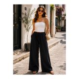 Myzen Kadın Gabardin Bol Paça Püsküllü Beli Lastikli Bağcıklı Pantolon