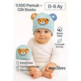 MYZİ STORE 0-12 Ay Ayıcık Aplikeli Kulaklı Aksesuarlı Bebek Bere Şapka, Yıldız Detaylı, Yumuşak Dokulu Unisex Turkuaz 0-12 Ay