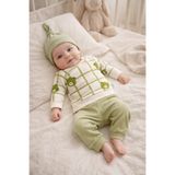 MYZİ STORE 3'lü Bebek Takım Ayı Desenli Ekru Sweatshirt + Haki Pantolon + Düğümlü Şapka Unisex%100 Pamuk Yeşil 9
