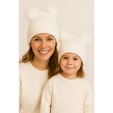 MYZİ STORE Anne Kız Kombin Bere – Çift Ponponlu BEJ Örgü Şapka (2’li Set) Bej Tek Ebat