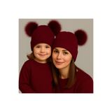 MYZİ STORE Anne Kız Kombin Bere – Çift Ponponlu Örgü Şapka (2’li Set) Bordo Tek Ebat