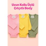 MYZİ STORE Bebek 3 Adet%100 Pamuk Uzun Kollu Çıtçıtlı Body Badi Zıbın Yeşil-Pembe-Sarı 6-9 AY