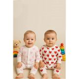MYZİ STORE Bebek Organik%100 Pamuk Unisex Kalp Desenli Tulum Takımı Seti 2’li Kırmızı-Pembe 0-3 AY