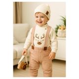 MYZİ STORE Bebek Salopet Takım%100 Pamuk Geyik Nakışlı Askılı Rahat Kalıp Unisex Bej 24
