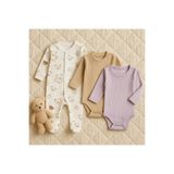 MYZİ STORE Bebek Uzun Kollu Çıtçıtlı Tulum Body 3'lü%100 Pamuk (3 Month, 6 Month) Krem-Lila_Capicino 2