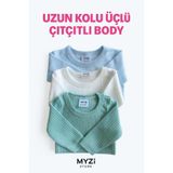 MYZİ STORE Bebek Yenidoğan 3 Adet%100 Pamuk Uzun Kollu Çıtçıtlı Body Badi Zıbın Mavi-Yeşil-Ekru 9-12 Ay