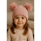 MYZİ STORE Çocuk Bebek Çift Ponponlu Kışlık Triko Bere – Kız Çocuk Şapka (1-7 Yaş) Pudra Pembe Pastel Pembe 1-6 Yaş