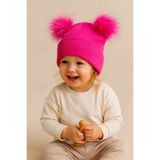 MYZİ STORE Çocuk Bebek Çift Ponponlu Kışlık Triko Bere – Kız Erkek Çocuk Şapka (1-5 Yaş) Fuşya 1-6 Yaş