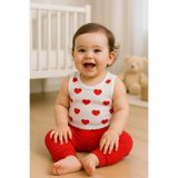 MYZİ STORE Çocuk Bebek Kız/Erkek “Unisex”%100 PAMUK Bebek Takımı – 2’li Kombin (Body + Pantolon) Kırmızı Kalp 9-12 Ay