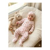 MYZİ STORE Ekru Kırmızı Kalp Desenli Şapkalı Bebek Tulum Seti Pamuklu Yumuşak Günlük Kombin (0-6 AY) Ekru Kırmızı Kalp 1-2