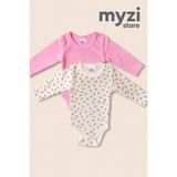 MYZİ STORE Kız Bebek Adet (1 DESENLİ-1 DÜZ)%100 Pamuk Uzun Kollu Çıtçıtlı Body Badi Zıbın PembeBeyazDesenli Yeni Doğan