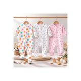 MYZİ STORE Kız Bebek Çiçek Desenli 3’lü 2 si Patikli 1 Patiksiz Tulum Seti Rib%100 Pamuk Uzun Kollu 0-6 AY Beyaz 2-3