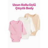 MYZİ STORE Kız Bebek Yenidoğan 3 Adet%100 Pamuk Uzun Kollu Çıtçıtlı Body Badi Zıbın Pembe - Ekru - Capicino 6-9 AY