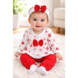 MYZİ STORE Kız Bebek%100 Pamuk 3'lü Takım Çiçek Desenli Fırfırlı Tunik + Pembe Pantolon + Fiyonklu Saç Bandı Kırmızı 3