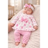 MYZİ STORE Kız Bebek%100 Pamuk 3'lü Takım Çiçek Desenli Fırfırlı Tunik + Pembe Pantolon + Fiyonklu Saç Bandı Pembe 9