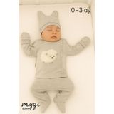 MYZİ STORE Organik Pamuk 3'lü Bebek Takımı (0-3 Ay) – Şapka, Üst ve Alt Giyim – Unisex Gri Kuzu Yeni Doğan