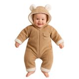 MYZİ STORE Peluş Astarlı Ayıcık Kulaklı Fitilli Bebek Tulumu Kışlık Unisex Kahverengi 9-12