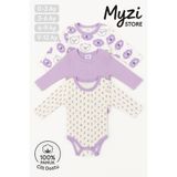 MYZİ STORE Yenidoğan Bebek Uzun Kollu Çıtçıtlı Body 3'lü%100 Pamuk Badi Zıbın Lila-Lila Çiçek Desenli-Lila Ayı Desenli 6-9 AY