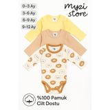 MYZİ STORE Yenidoğan Bebek Uzun Kollu Çıtçıtlı Body 3'lü%100 Pamuk Badi Zıbın Sarı-Capicino-Ayı Desenli 9-12 Ay