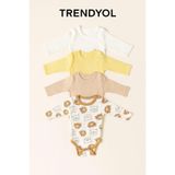 MYZİ STORE Yenidoğan Bebek Uzun Kollu Çıtçıtlı Body 4'lü%100 Pamuk Badi Zıbın Ekru-Sarı-Capicino-Ayı Desenli 6-9 AY
