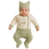 MYZİ STORE%100 Pamuk 3'lü Hastane Çıkışı 0-3 Ay Patikli Alt Uzun Kollu Kendinden Eldivenli Üst Kulaklı Şapka Haki Yıldızlı Ayı 0-3 AY