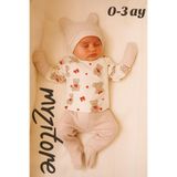 MYZİ STORE%100 Pamuk 3'lü Hastane Çıkışı 0-3 Ay Patikli Alt Uzun Kollu Kendinden Eldivenli Üst Kulaklı Şapka Kırmızı Toka Sevimli Ayı 0-3 AY