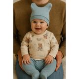 MYZİ STORE%100 Pamuk 3'lü Hastane Çıkışı 0-3 Ay Patikli Alt Uzun Kollu Kendinden Eldivenli Üst Kulaklı Şapka Mavi Ayı 0-3 AY