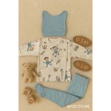 MYZİ STORE%100 Pamuk 3'lü Hastane Çıkışı 0-3 Ay Patikli Alt Uzun Kollu Kendinden Eldivenli Üst Kulaklı Şapka Mavi Maymun 0-3 AY