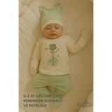 MYZİ STORE%100 Pamuk 3'lü Hastane Çıkışı 0-3 Ay Patikli Alt Uzun Kollu Kendinden Eldivenli Üst Kulaklı Şapka Yeşil Çiçek 0-3 AY