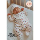 MYZİ STORE%100 Pamuk 5'li Hastane Çıkışı 0-3 Ay - Patikli Alt - Uzun Kollu Üst - Eldiven - Şapka - Önlük Beyaz Üzeri Kırmızı Kalp 0-3 AY
